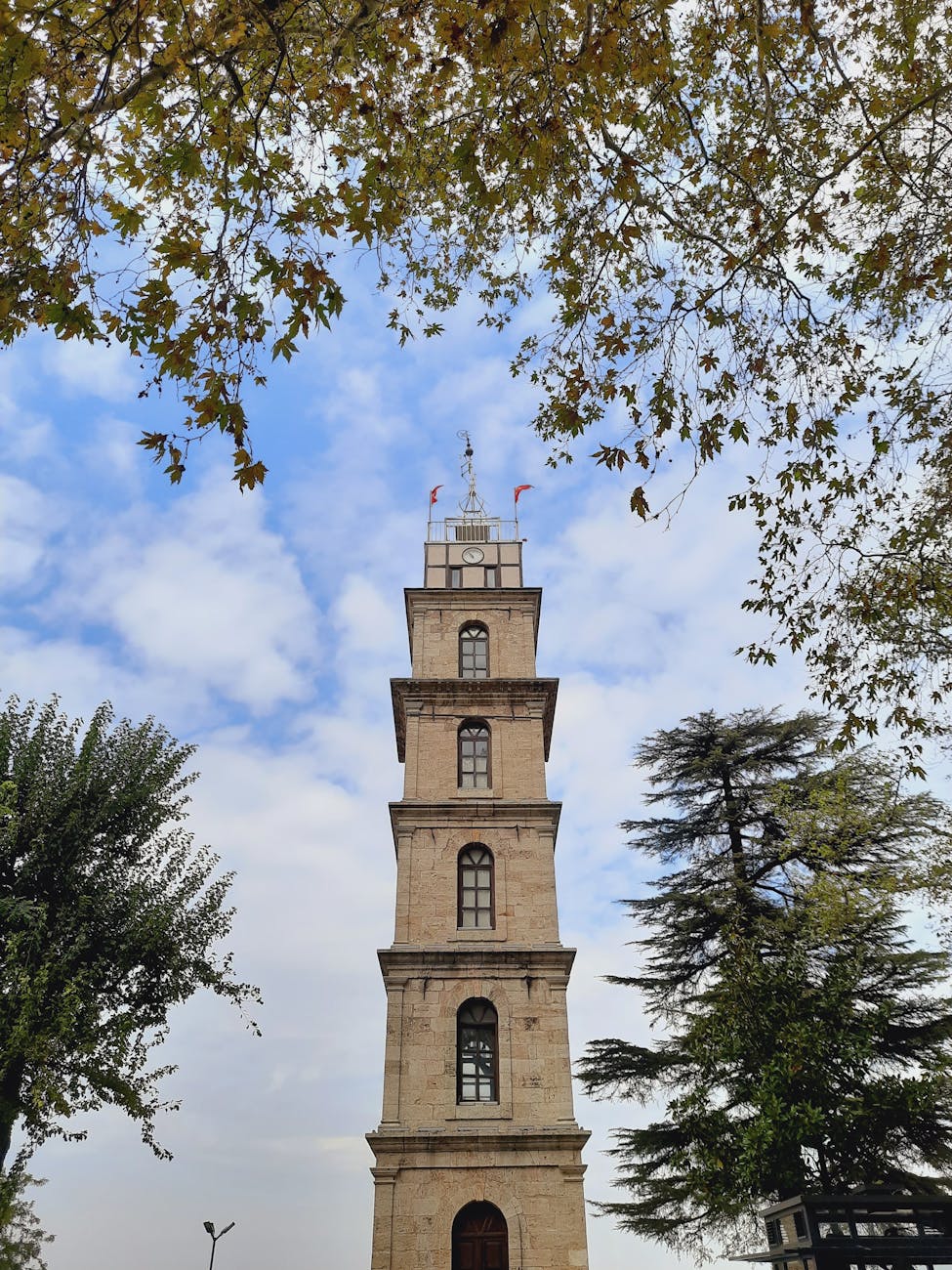 tall historical tower framed by trees on cloudy day